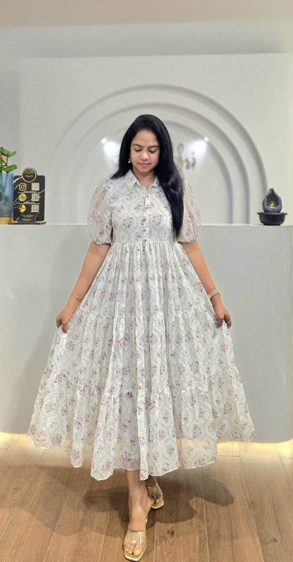 White & Purple Georgette Collared Button-Down Tiered Floral Maxi Dress image 1