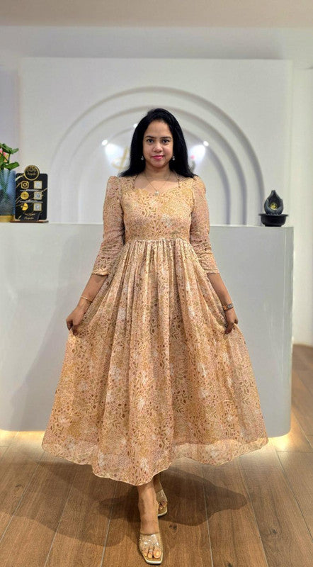 Yellow Georgette Square Neck Empire Waist Floral Maxi Dress image 1