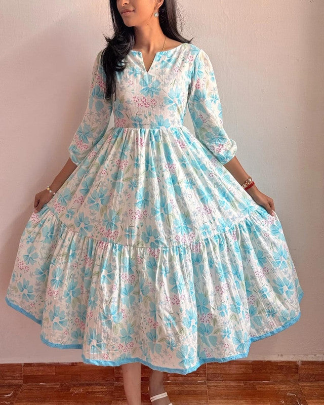 White & Blue Floral Tiered Midi Cotton Dress with Short Sleeves image 1