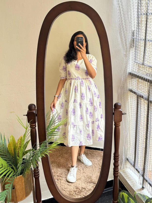 Pink & White Puffed Short Sleeve Tiered Midi Dress - Soft Cotton image 4