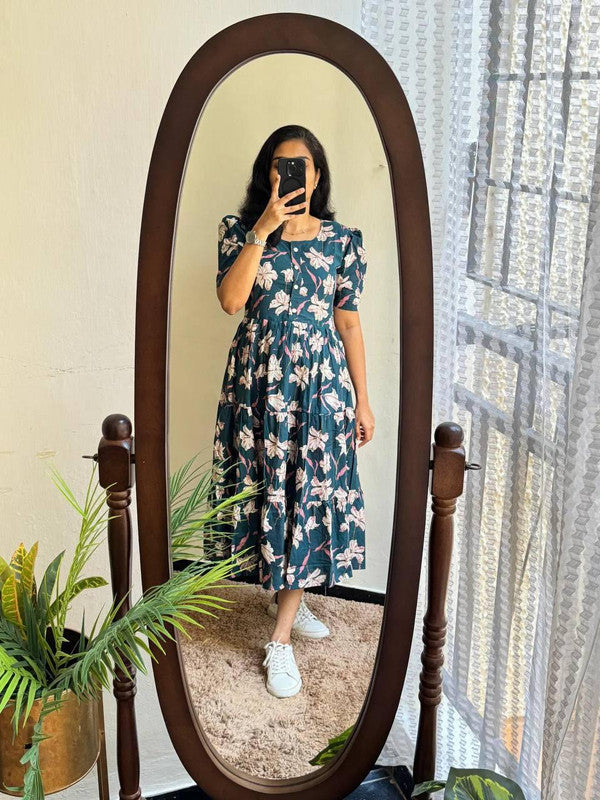 Blue & Green Floral Tiered Midi Cotton Dress with Puffed Sleeves image 1