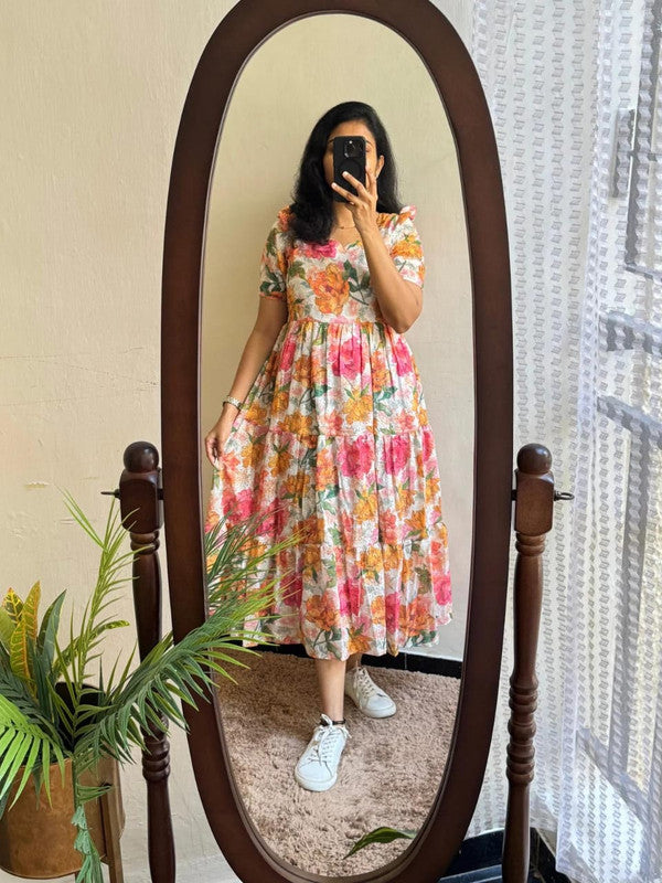 White Floral Tiered Midi Dress - Soft Cotton image 1