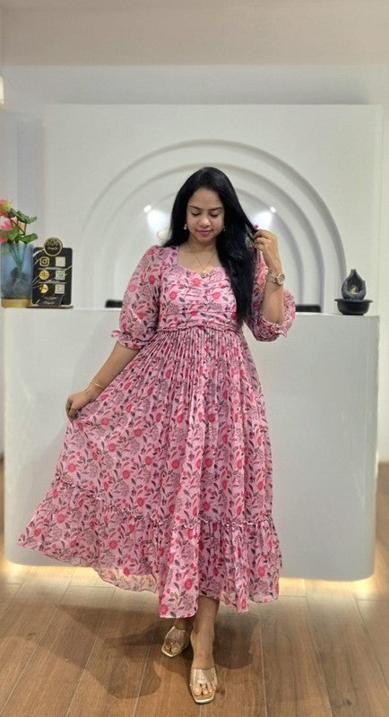 Pink Georgette Square Neck Pleated Tiered Floral Maxi Dress image 1