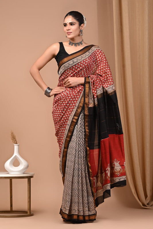Pure Maheshwari Silk Saree - Zig Zag Panel Design image 1