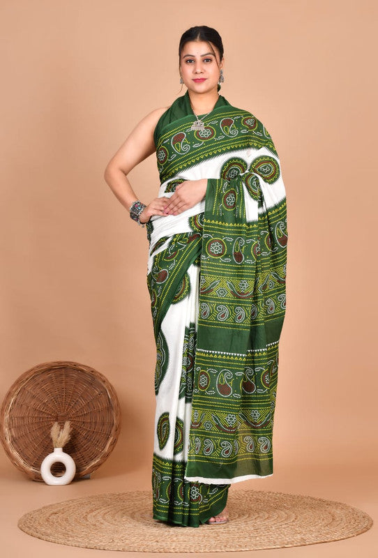 Pure Cotton Mulmul Bandhani Paisley Saree image 3