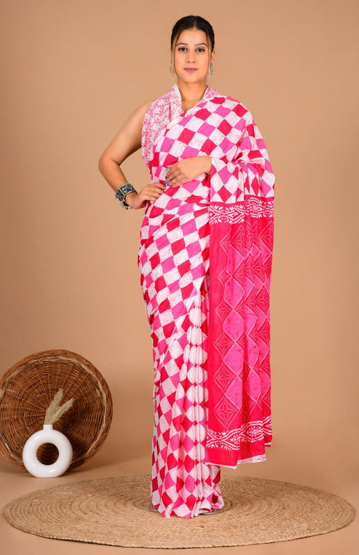 Pure Cotton Mulmul Geometric Check Saree image 3