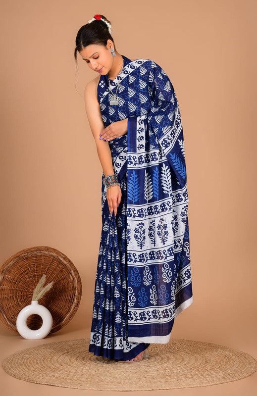 Pure Cotton Mulmul Floral & Leaf Block Print Saree image 1