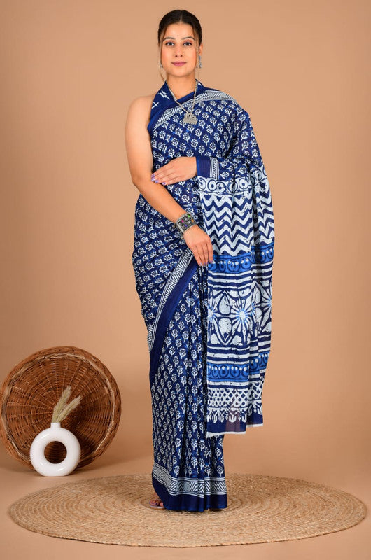 Pure Cotton Mulmul Abstract Block Print Saree with Blouse Piece image 1