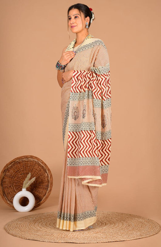 Pure Cotton Mulmul Saree with Striped & Chevron Block Print image 3