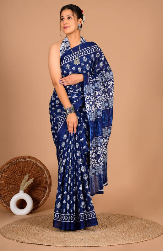 Pure Cotton Mulmul Leaf Motif Saree image 1