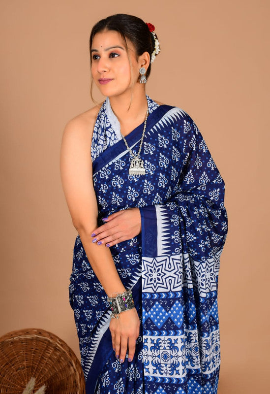 Pure Cotton Mulmul Saree with Swirl & Star Block Print image 1