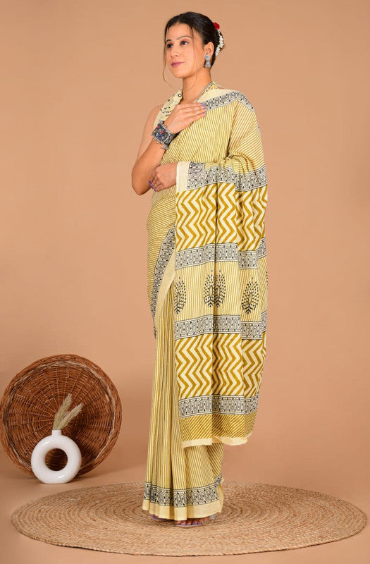 Pure Cotton Mulmul Saree with Striped & Chevron Block Print image 1