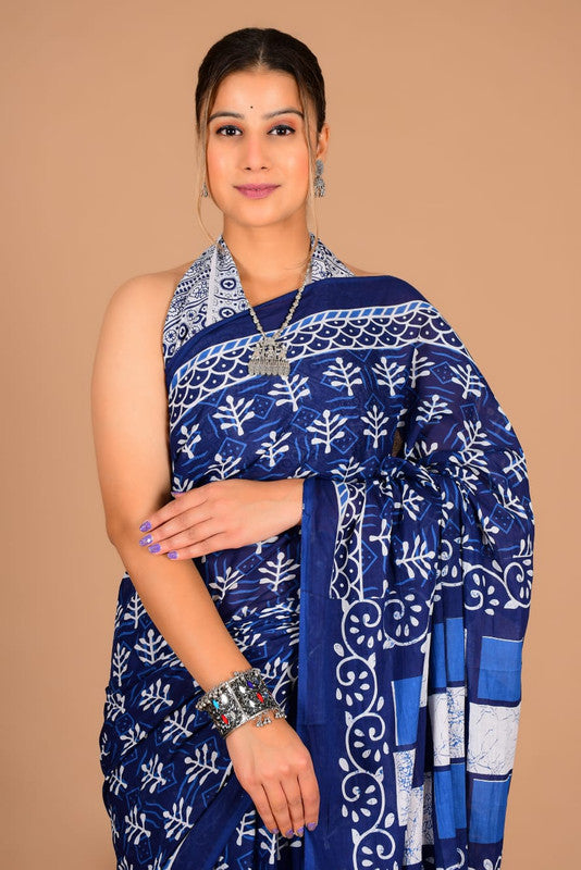Pure Cotton Mulmul Leaf & Check Pallu Saree image 1