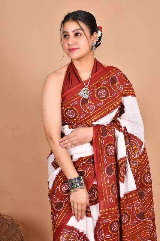 Pure Cotton Mulmul Bandhani Paisley Saree image 6