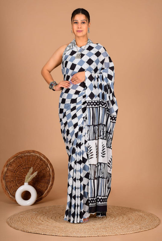 Pure Cotton Mulmul Geometric Check Saree image 1