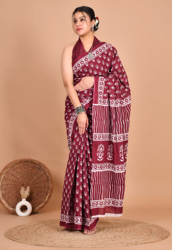 Pure Cotton Mulmul Saree with Floral Striped Block Print image 1