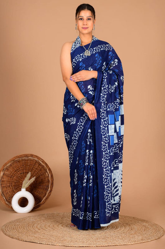 Pure Cotton Mulmul Saree with Floral Swirl & Geometric Print image 1