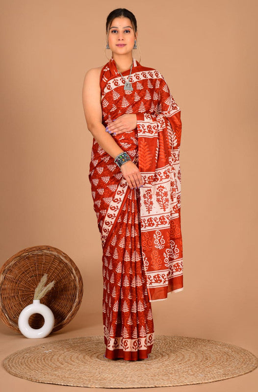 Pure Cotton Mulmul Floral & Leaf Block Print Saree image 3