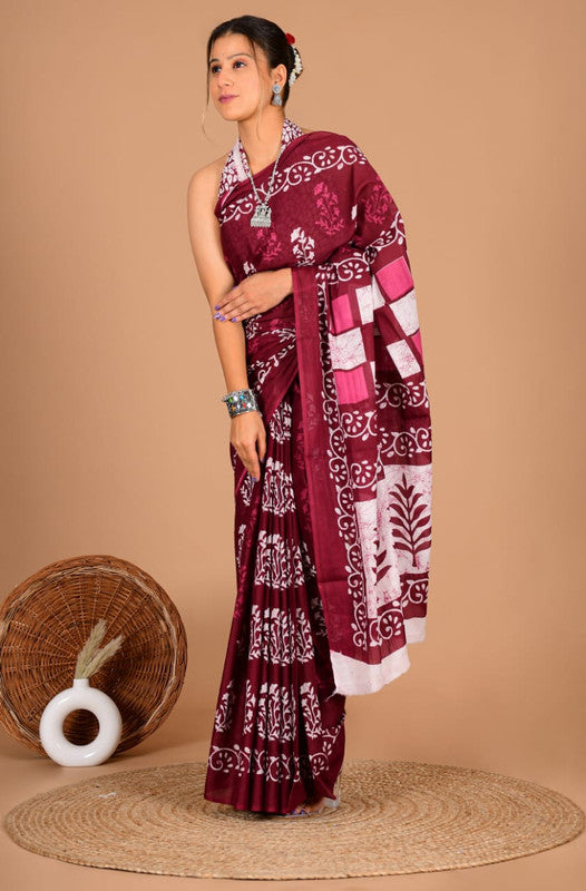 Pure Cotton Mulmul Saree with Floral Swirl & Geometric Print image 3
