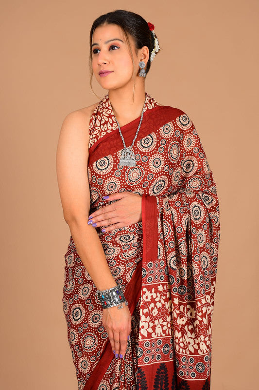 Pure Cotton Mulmul Circular Floral Block Print Saree image 1