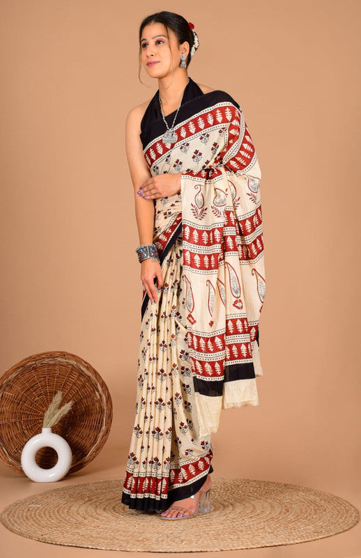 Pure Cotton Mulmul Saree with Floral Paisley Block Print image 1