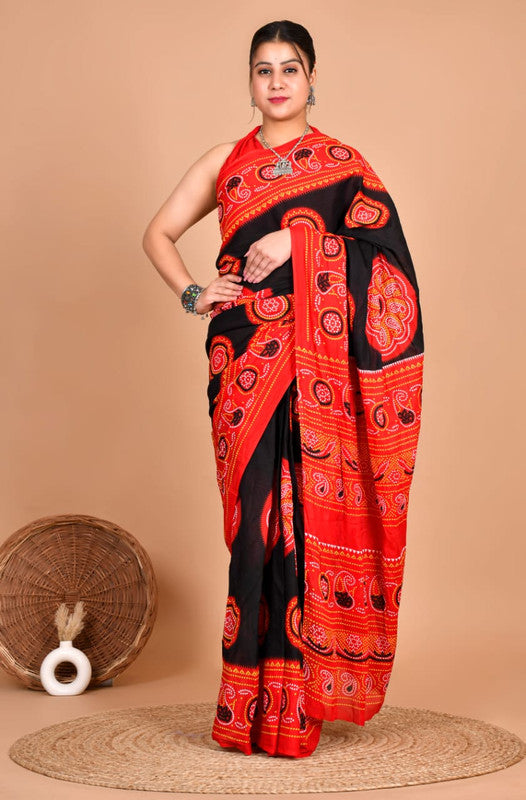 Pure Cotton Mulmul Bandhani Paisley Saree image 1