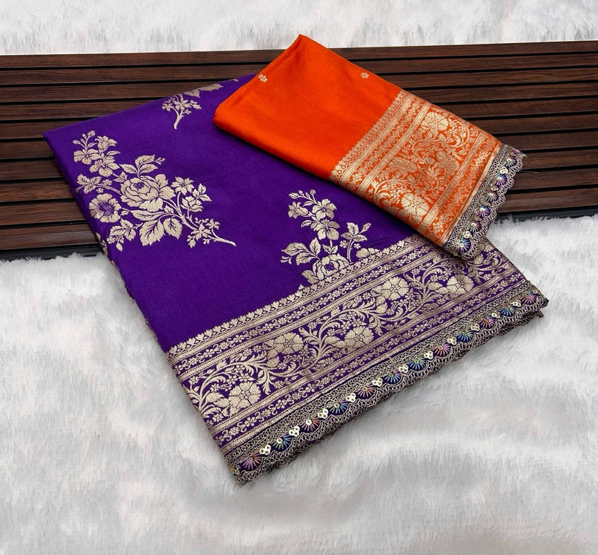 Pure Banarasi Dola Silk Saree with Zari Jaquard Weave & Sequence Cut Work image 9
