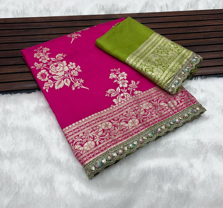 Pure Banarasi Dola Silk Saree with Zari Jaquard Weave & Sequence Cut Work image 7