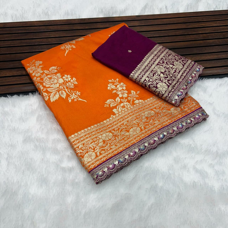 Pure Banarasi Dola Silk Saree with Zari Jaquard Weave & Sequence Cut Work image 4