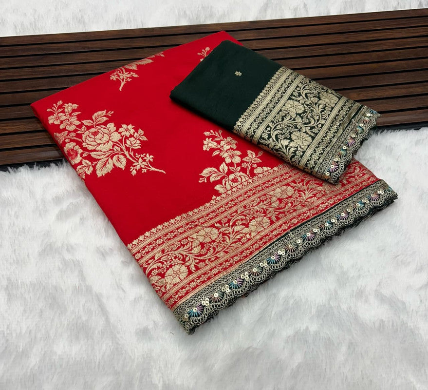Pure Banarasi Dola Silk Saree with Zari Jaquard Weave & Sequence Cut Work image 12