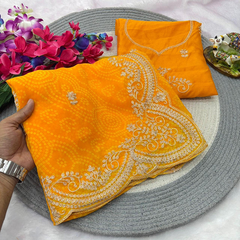 Georgette Bandhani Pitta Work Saree with Unstitched Blouse image 10