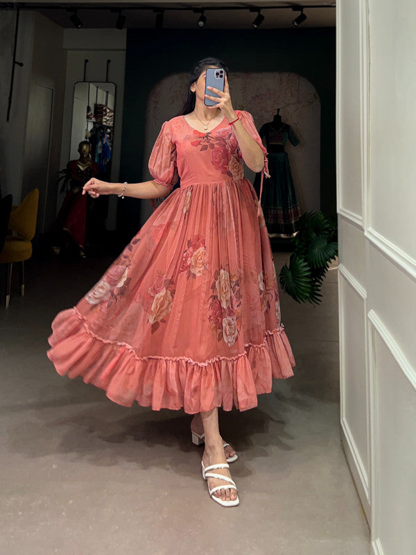 Floral Printed Georgette Ruffled Midi Frock Dress image 5