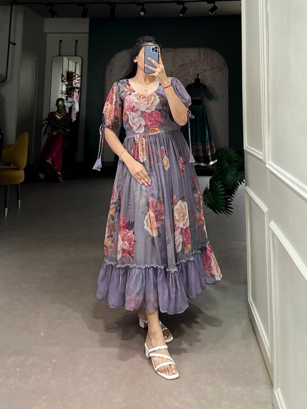 Floral Printed Georgette Ruffled Midi Frock Dress image 7