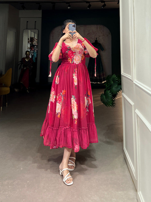 Floral Printed Georgette Ruffled Midi Frock Dress image 9