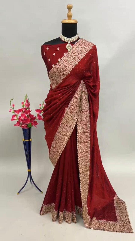 Heavy Embroidered Blooming Vichitra Silk Saree with Cut Work Border image 5