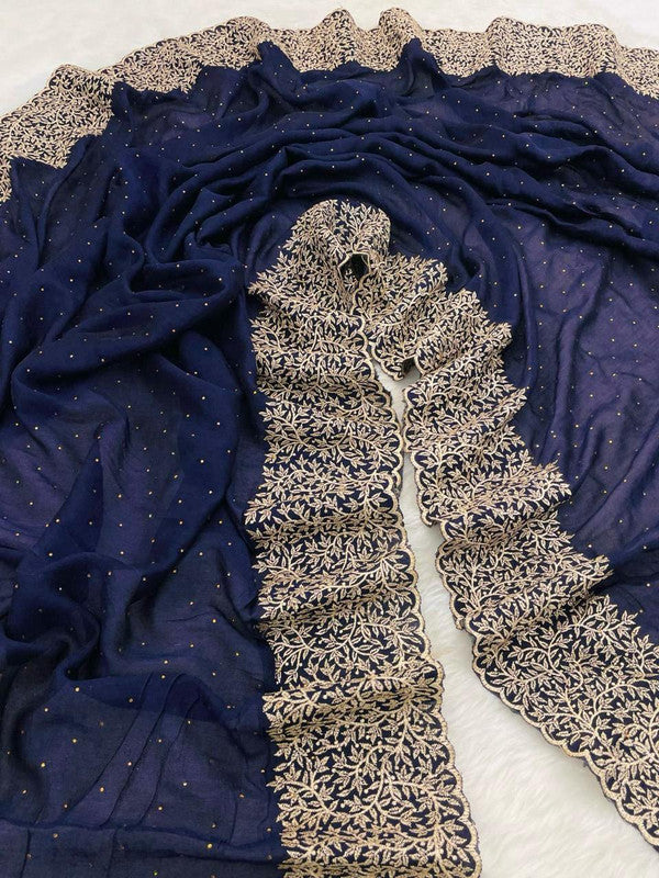 Heavy Embroidered Blooming Vichitra Silk Saree with Cut Work Border image 9