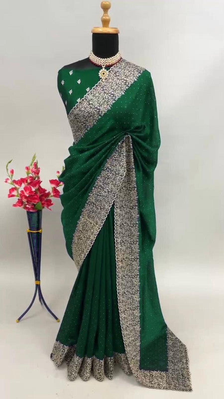 Heavy Embroidered Blooming Vichitra Silk Saree with Cut Work Border image 3