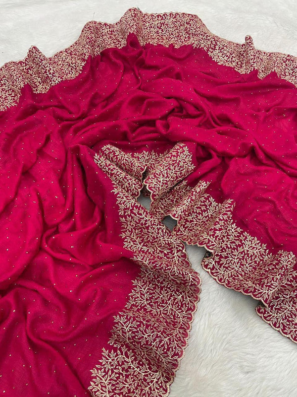 Heavy Embroidered Blooming Vichitra Silk Saree with Cut Work Border image 10