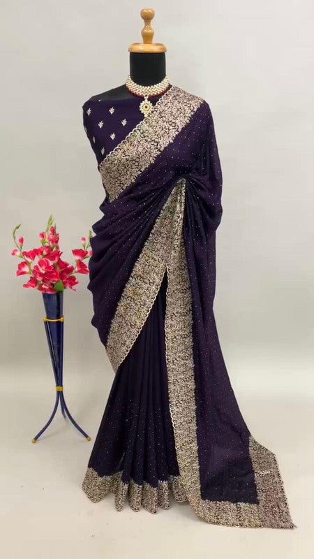 Heavy Embroidered Blooming Vichitra Silk Saree with Cut Work Border image 11