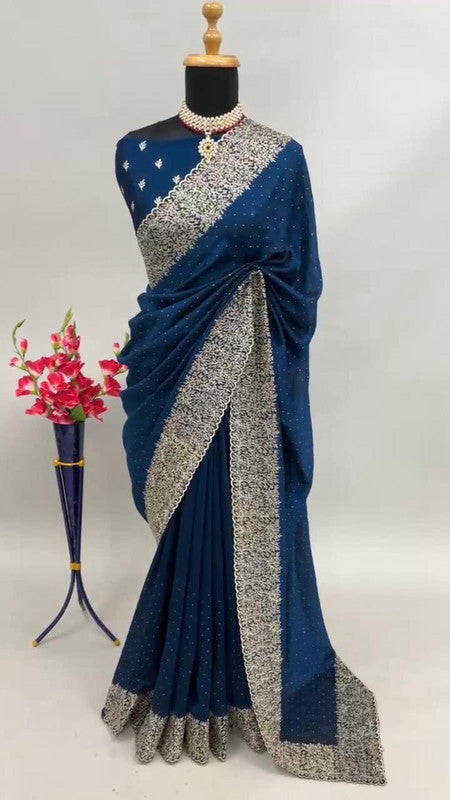 Heavy Embroidered Blooming Vichitra Silk Saree with Cut Work Border image 1