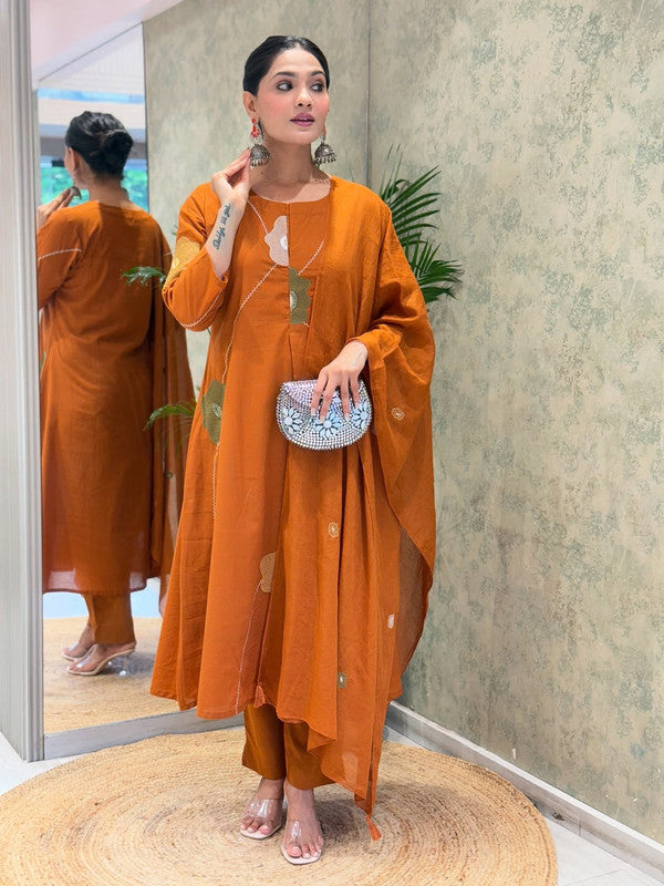 Rust Orange Pure Cotton Embroidered Anarkali Suit Set with Mulmul Dupatta image 1