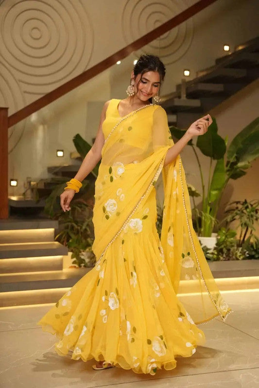 Trendy Soft Georgette Floral Print Pre-Draped Lehenga Saree with Ruffles image 1