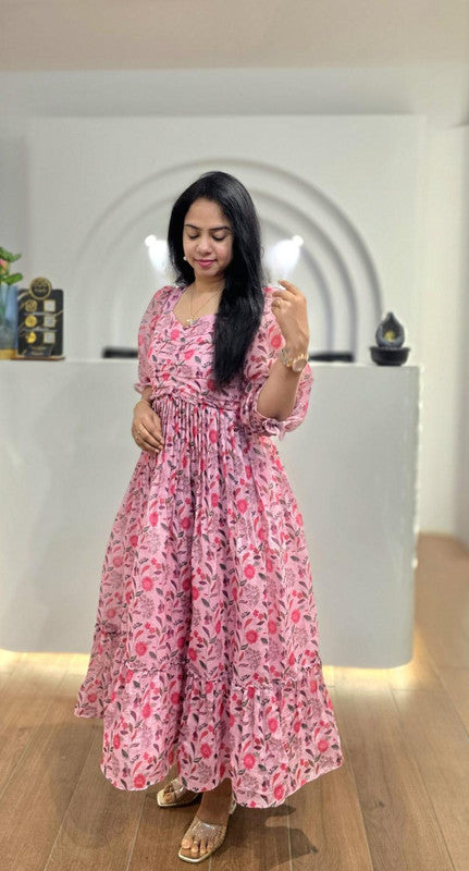 Pink Georgette Square Neck Pleated Tiered Floral Maxi Dress image 2