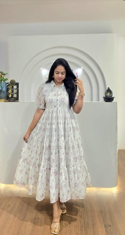 White & Purple Georgette Collared Button-Down Tiered Floral Maxi Dress image 2