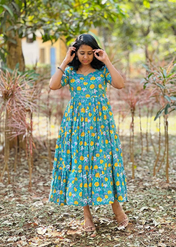 Teal Floral Short Sleeve Tiered Midi Dress - Soft Cotton image 2