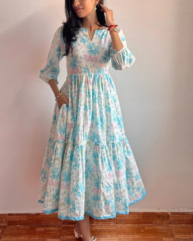 White & Blue Floral Tiered Midi Cotton Dress with Short Sleeves image 2