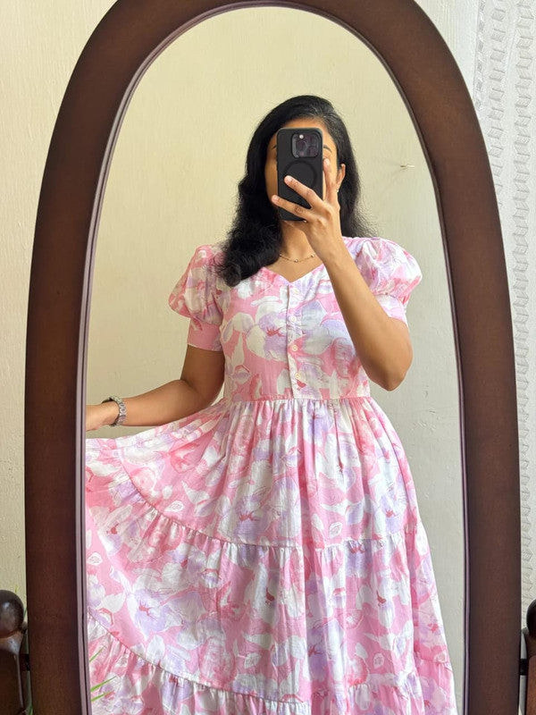 Pink & White Puffed Short Sleeve Tiered Midi Dress - Soft Cotton image 2