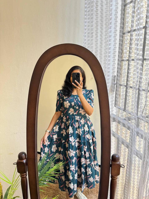 Blue & Green Floral Tiered Midi Cotton Dress with Puffed Sleeves image 2