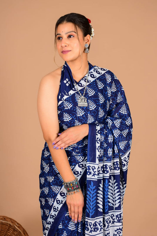 Pure Cotton Mulmul Floral & Leaf Block Print Saree image 2