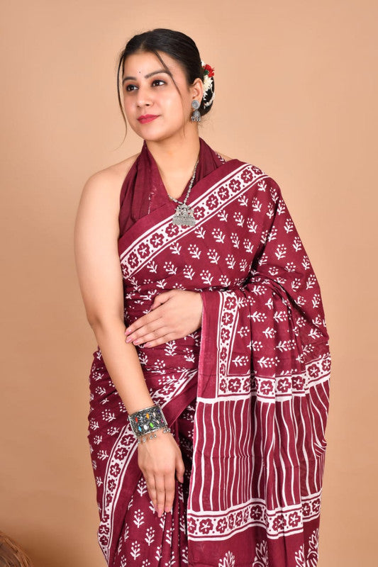 Pure Cotton Mulmul Saree with Floral Striped Block Print image 2